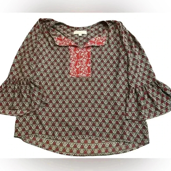 Loft Red and Blue Patterned Quarter  Bell Sleeve Blouse Size S - Picture 2 of 4